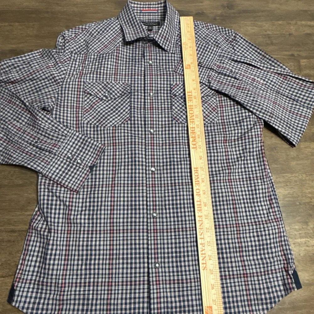 Banana Republic‎ Shirt Men's Medium Blue Red Plaid Pearl Snap Western Rockabilly